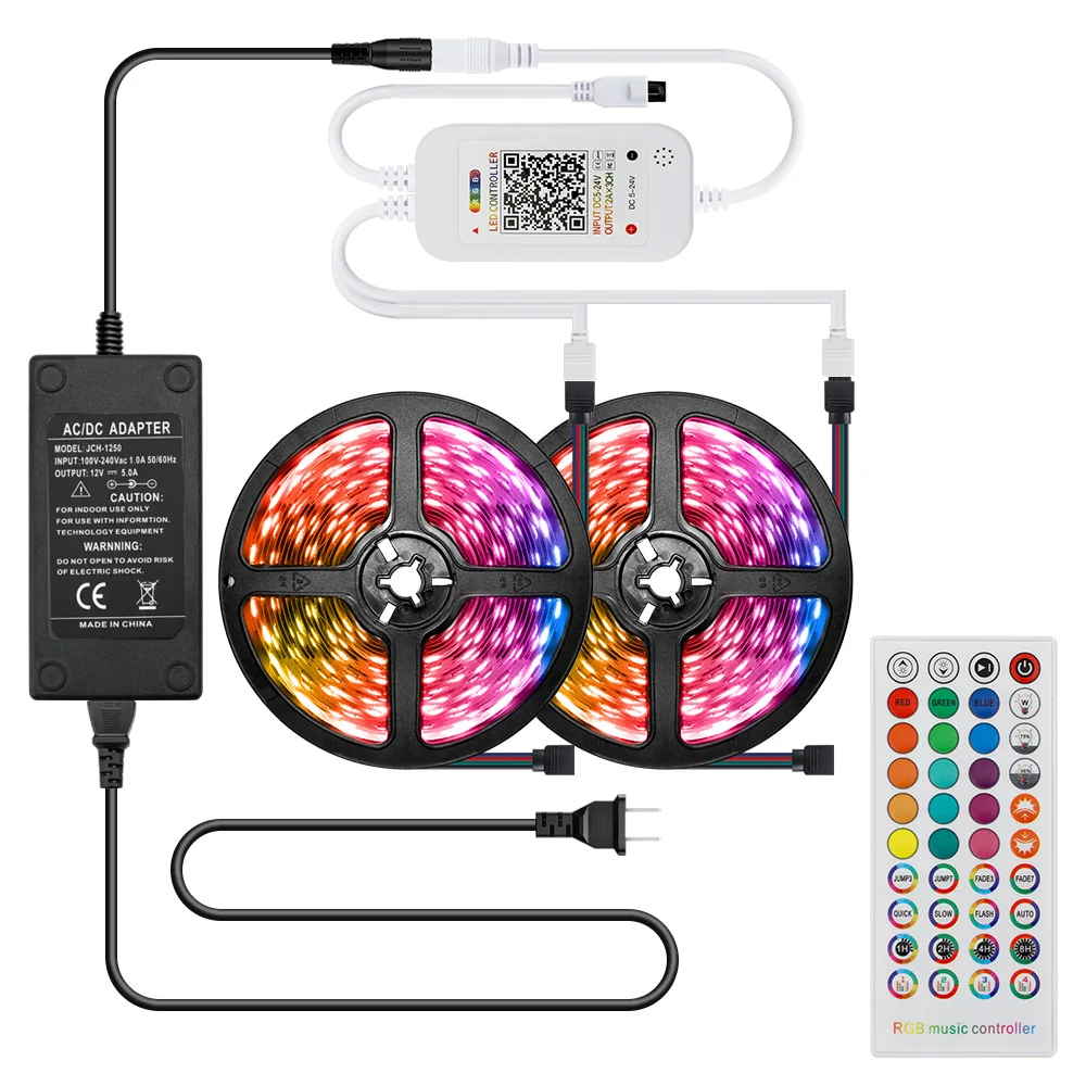

5050 RGB LED Strip Light Kit 10m Flexible Led Lighting Stripe Diode Music Remote Controller Power Adapter Set for Home Bar
