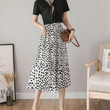 

Red Floral Print Chiffon Long Summer Skirt Women For 2020 Spring A-line High Waist Pleated Sun School Skirt Female
