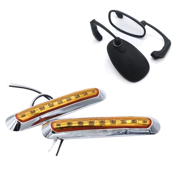 

Motorcycle Black L-Bar Retro Oval Rearview Side Mirror with 2Pcs 9 LED Side Marker Lights Tail Lamp Yellow