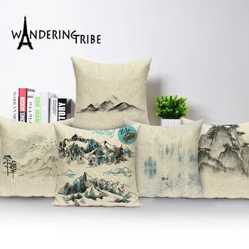 

Vintage Landscape 45*45cm Cushion Cover Floral Linen Throw Pillow Case Plant Home Decoration Cushions Car Decor Pillowcase Cojin