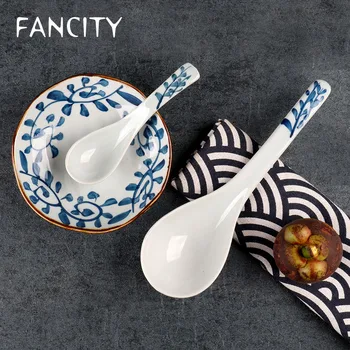 

FANCITY Japanese retro hand-painted hook rattan ceramic soup spoon household soup long handle large spoon drinking soup small sp