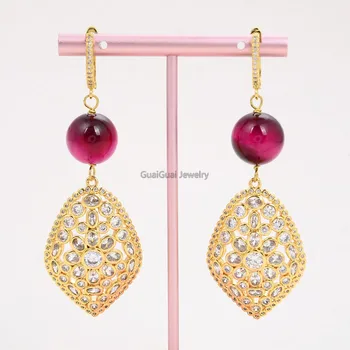 

GuaiGuai Jewelry Round Fuchsia 14mm Tiger Eye Cz pave Golden Plated Lever back Earrings