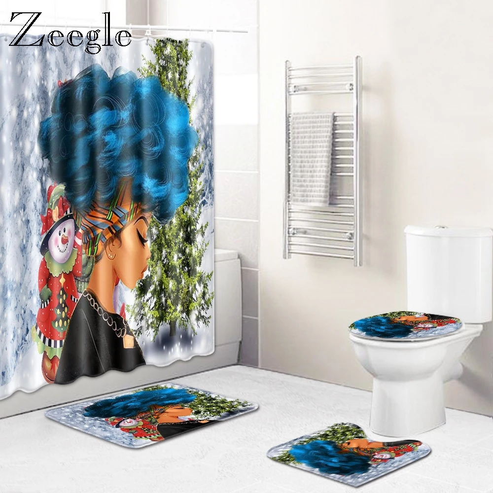 Zeegle Printed Cartoon Bath Mat Set 4pcs Christmas Bathroom Decoration Mat Anti-slip Toilet Floor Soft Rug Toilet Shower Curtain