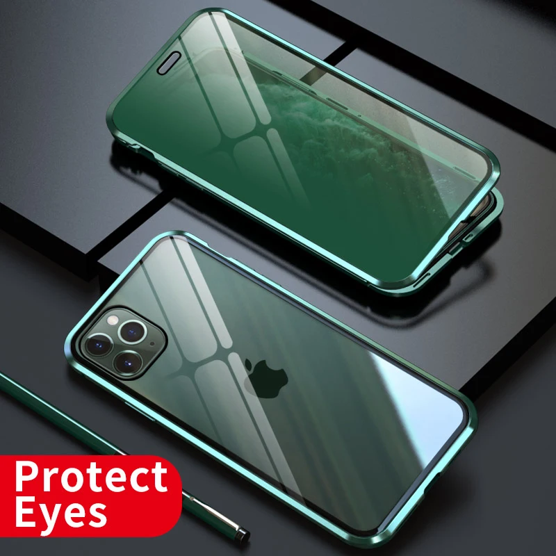 Двухсторонний стеклянный Магнитный чехол для iphone 11 Pro Max 360 металлический магнитный Кристальный зеленый чехол для телефона чехол для iphone 11 Pro Fundas
