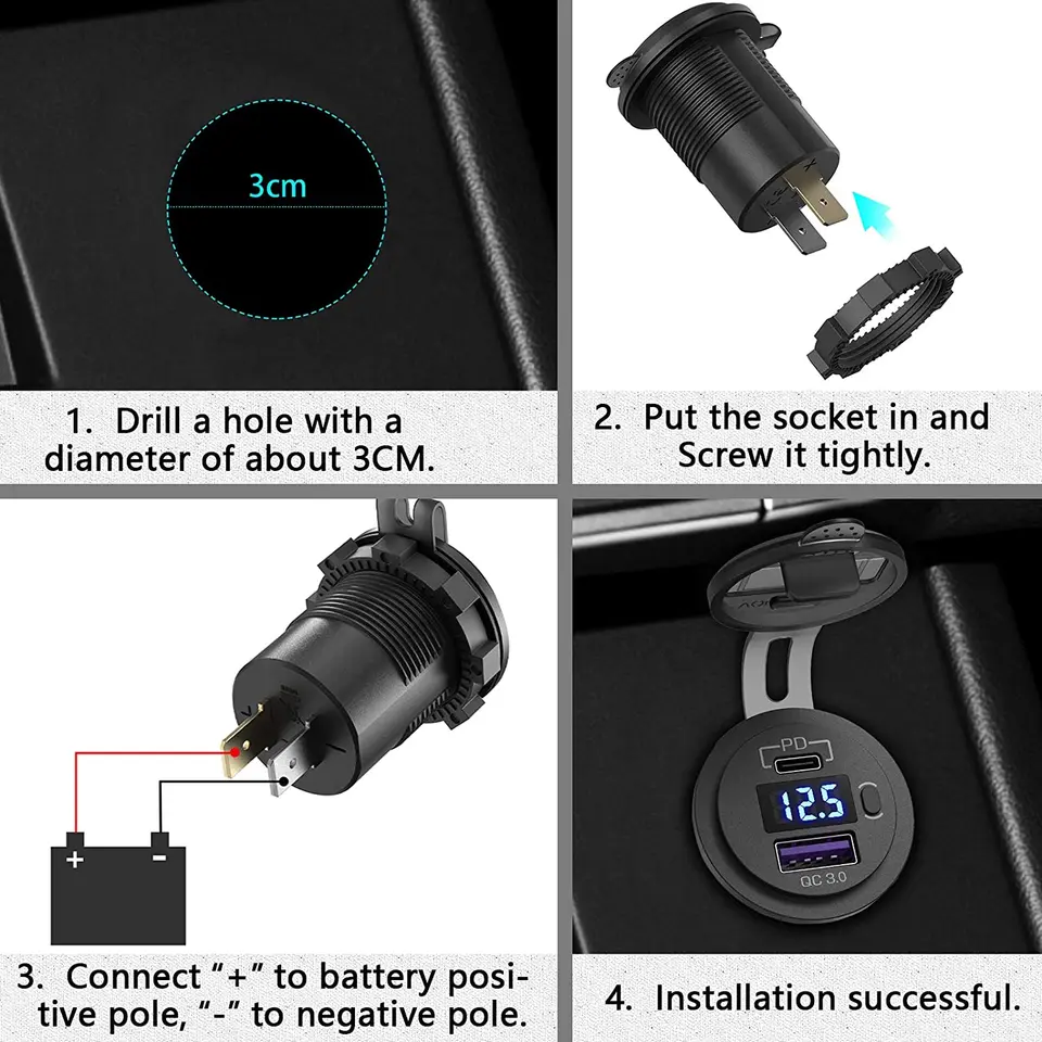 Presa USB da 12 V per auto, con interruttore, 24 V, 12 Volt, Quick Charge 3.0, in metallo, impermeabile, adattatore USB, presa da incasso per moto, roulotte, barca, camion