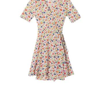 

Women Dresses Spring-summer Printed V-neck Romantic Silk Dress
