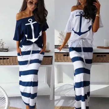 

Two Piece Set Top And Skirt Summer White Blue 2 Matching Sets Off Shoulder Clothes For Women Outfits Long Fashion Clothing New