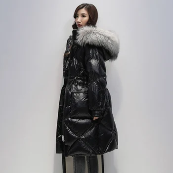 

Janveny Large Natural Fox Fur Collar Down Jackets Women Winter White Duck Down Parka For Female Slim Sash Tie Up Hooded Coats