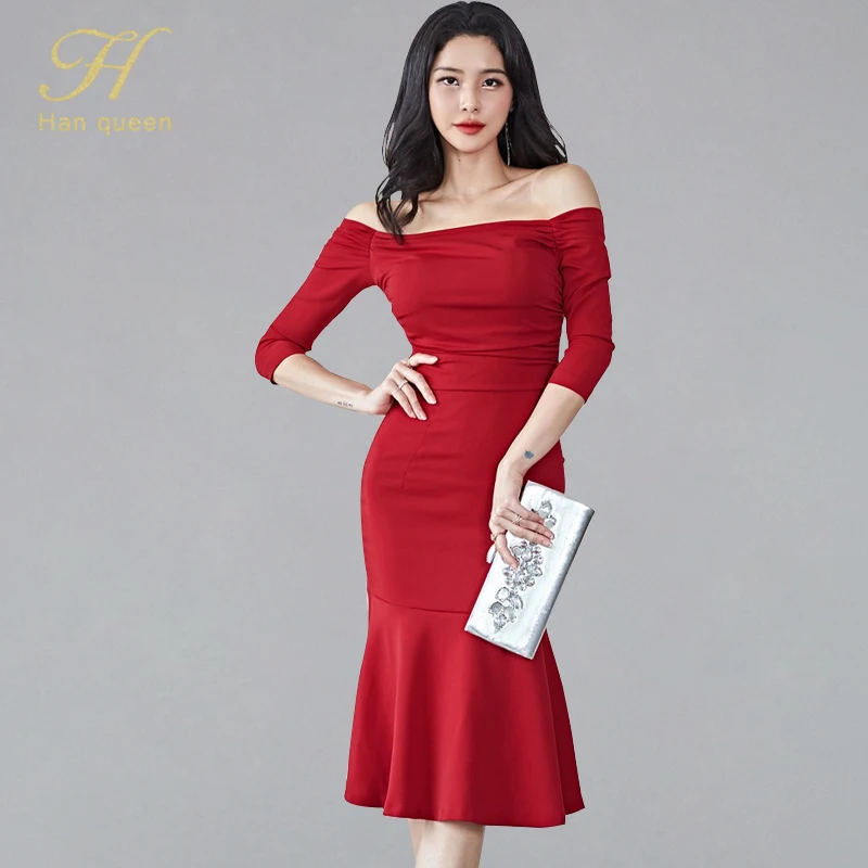 Red H Han queen, однотонное сексуальное платье с открытыми плечами с юбкой-годе, облегающее женское платье, специальные вечерние платья, вечерние Клубные платья - Цвет: Red