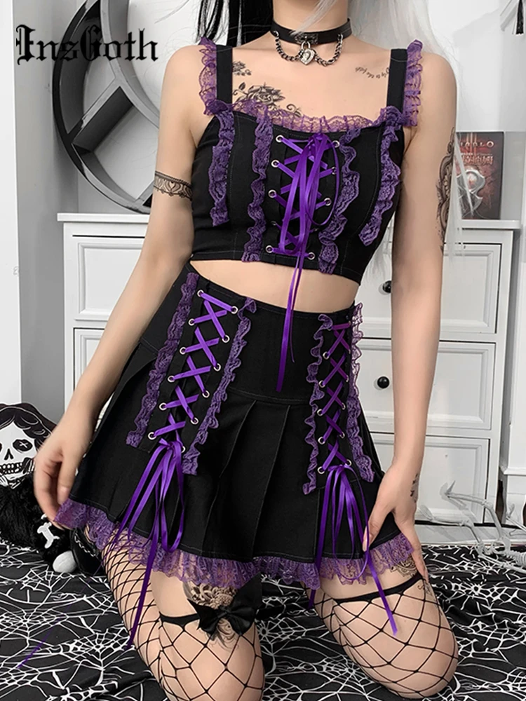 InsGoth Mall Goth Sexy Lace Up Camis Y2K Aesthetic Punk Backless Spaghetti Straps Tops High Waist Bandage Mini Skirts 2pcs Sets plus size pants suits evening wear