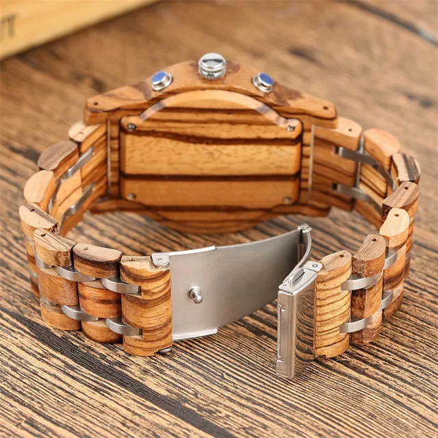 Luxury Chronograph Dial Wood Watch for Couple Wood + Stainless Steel Bangle Lover Quartz Wristwatch Folding Clasp 6