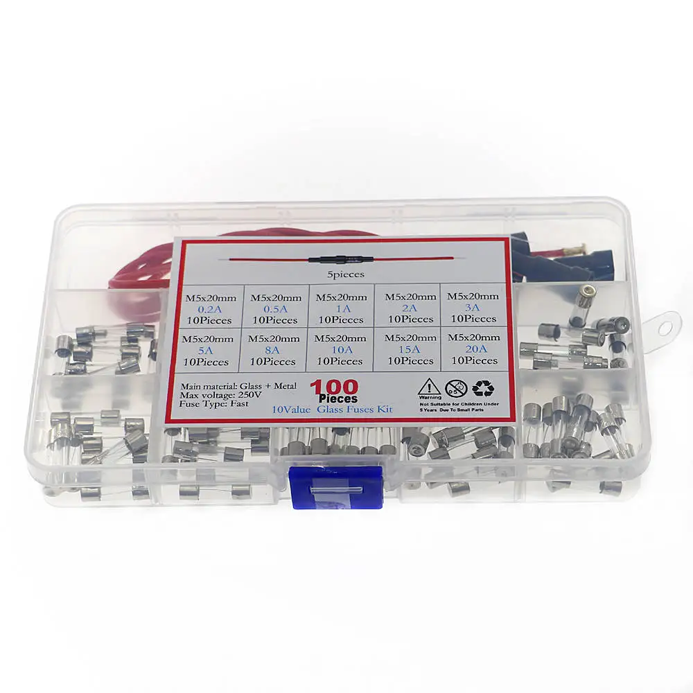퓨즈 홀더 인라인 나사 유형, 빠른 블로우 유리 튜브 퓨즈 모듬 키트, 250V, 16 AWG 와이어, 100 개, 5x20mm, 5 개