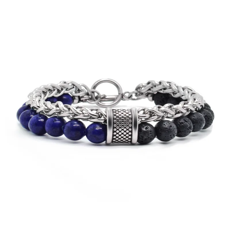 purple natural stone tiger eye beads bracelet men's chain on hand stainless steel bracelet male Steampunk hip hop luxury wholesale - Окраска металла: purple