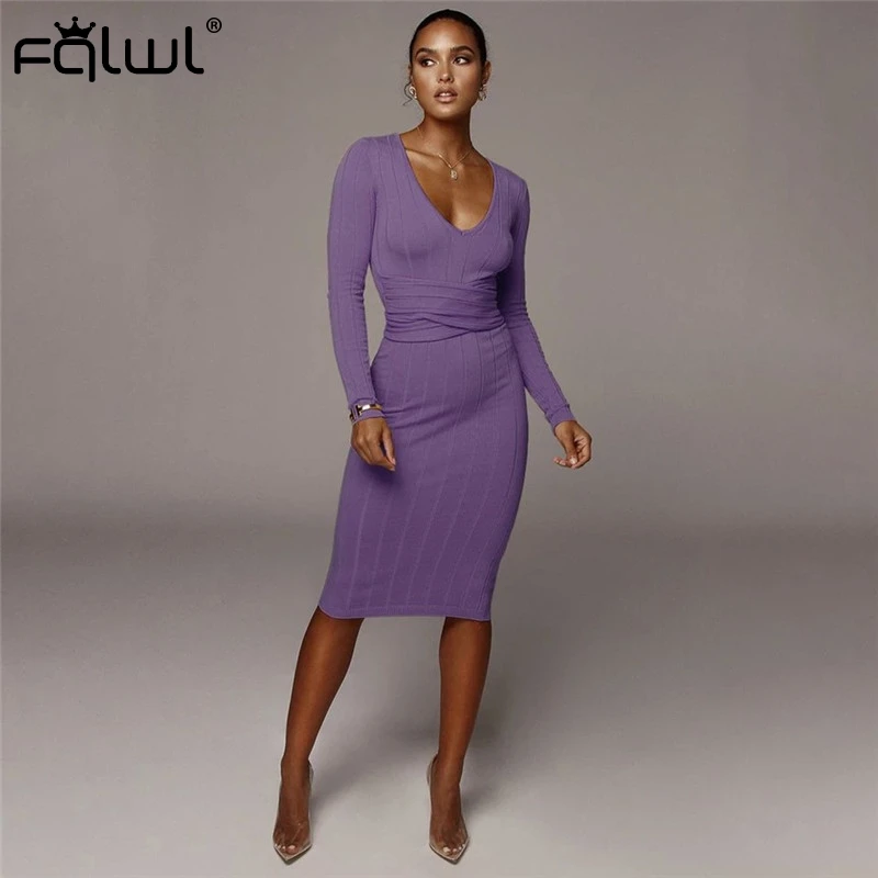 FQLWL трикотажное сексуальное платье миди в рубчик для женщин Gery черно-белое облегающее платье карандаш элегантные вечерние Клубные женские платья с запахом - Цвет: Фиолетовый