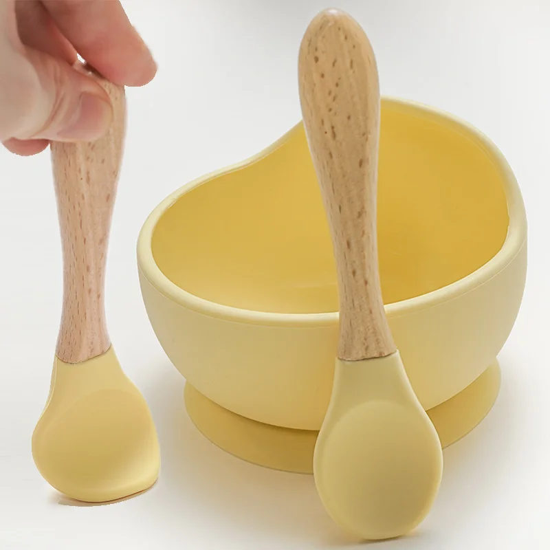 22colors 1set Silicone Baby Feeding Bowl Set Baby Learning Dishes Suction Bowl Set Wood Spoon Non-Slip