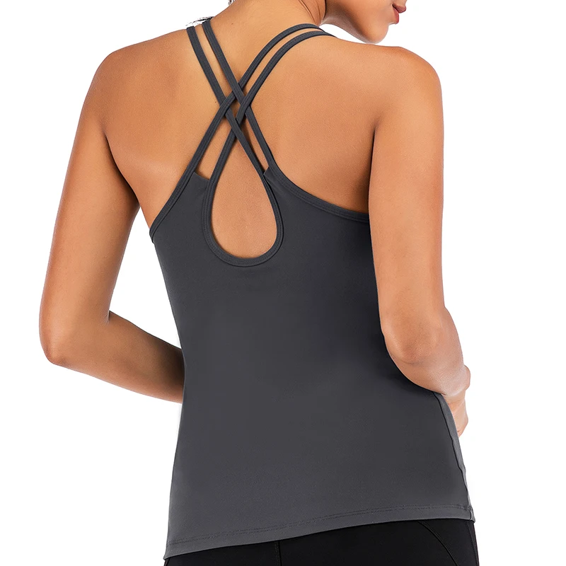 grey LEOQ Sexy Hollow Backless Solid Gym Crop Tops Women Yoga Vest Sports Workout Profession Padded Cross Fitness Athletic Shirts - Цвет: grey