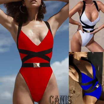 

Sexy 2019 Women Swimming Costume Push Up Bikini Solid Halter Bra Swimwear Bikini Monokini One Piece Swimsuit High Waist
