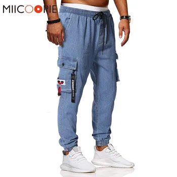 

Mens Red Rope Design Denim Jeans Pencil Pants Casual Multi Pocket Pantalon Cargo Homme Hip Hop Joggers Men Trousers Streetwear