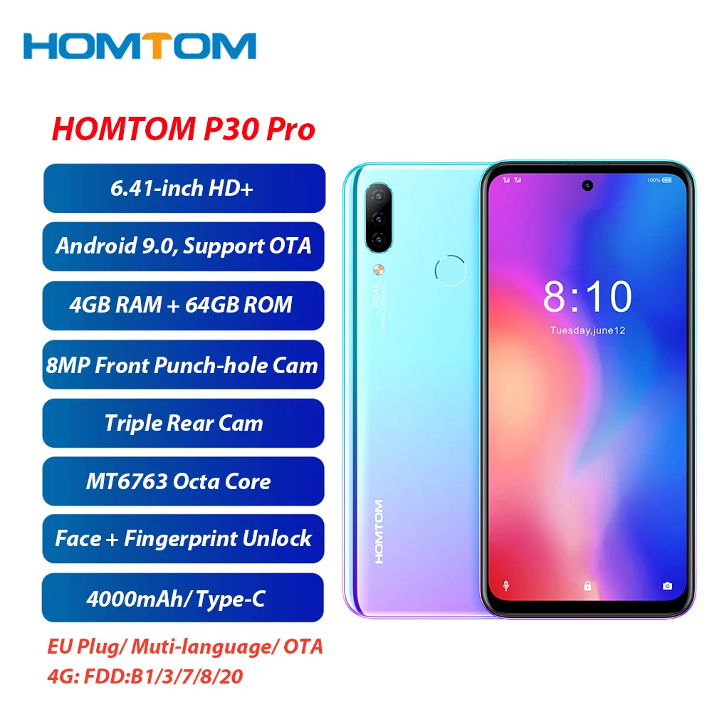 HOMTOM P30 Pro, глобальная версия, 4 ГБ, 64 ГБ, 4000 мАч, распознавание лица, Android 9,0, MT6763, Восьмиядерный процессор, 6,41 дюймов, HD+ Супер дисплей, смартфон
