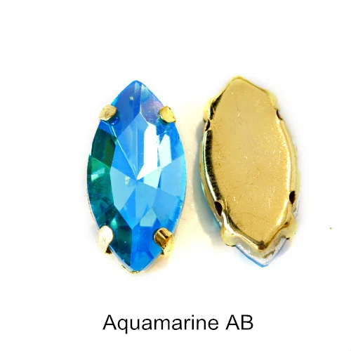 Aquamarine AB Стразы в виде конского глаза, цветные, стеклянные, Пришивные, с золотым клешом, с плоской задней стороной, Стразы AB Navette, Пришивные, для платья, B1021 - Цвет: Aquamarine AB