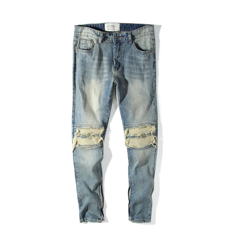 Ins/европейский и американский бренд high street wild tide узкие штаны на молнии потертые