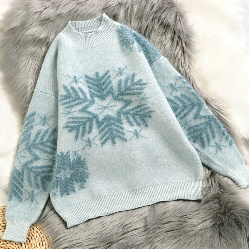 Hirsionsan Christmas Mohair Sweater Women Thicken Snowflake Pullover Winter Knitted Vintage Kawaii Soft Warm Casual Female Tops