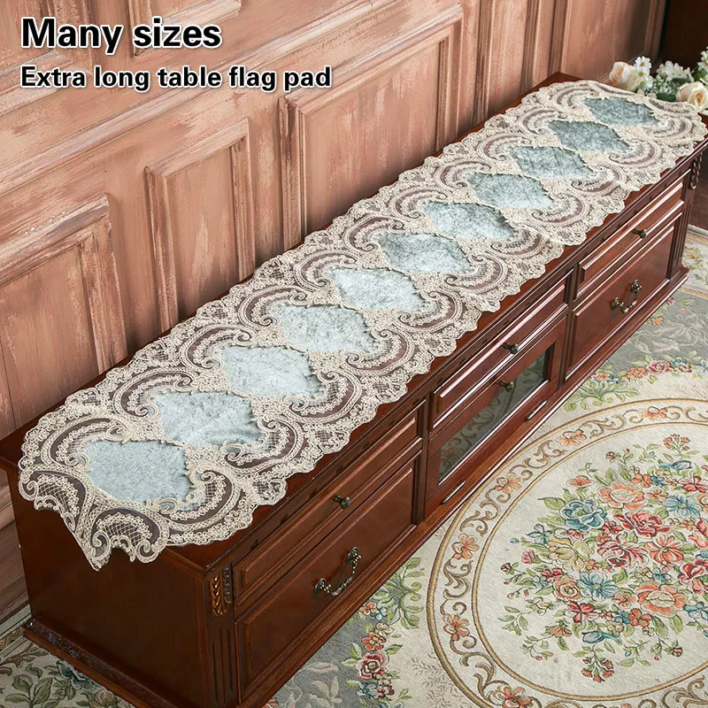 

European Velvet Embroidery Lace Trim Long Table Runner Flag Pad Luxury Hotel Luxury Villa Large Furniture Tablecloth Decoration
