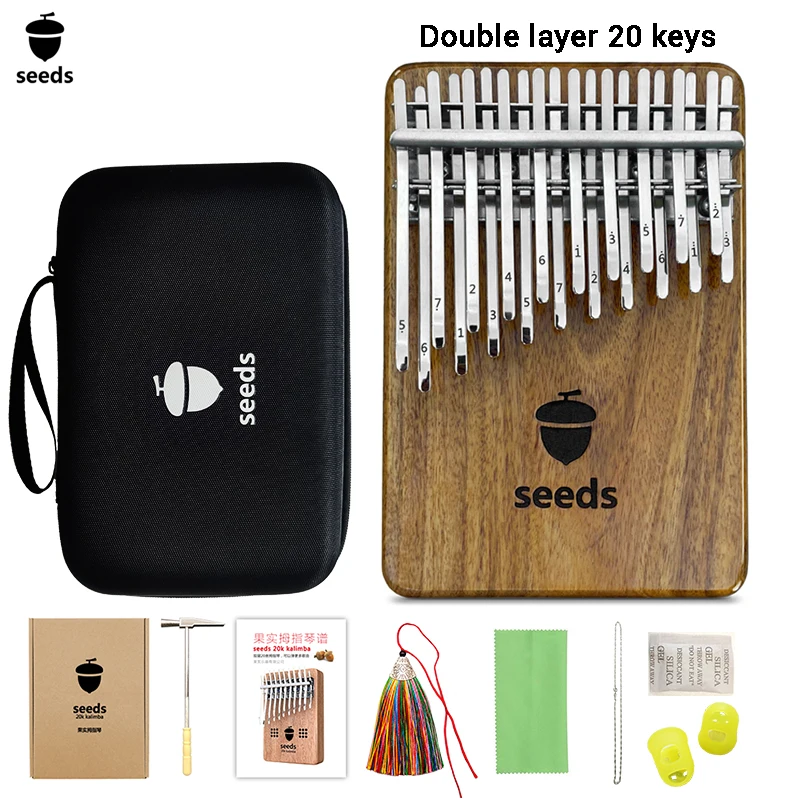 Seeds Double Layer Kalimba 20 Keys Flat Board Solid Wood Acacia Keyboards Thumb Piano Innovation Musical Instruments Set