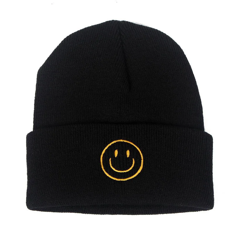 Cute Smile Crochet Knit Cap Beanie 2019 Autumn New Solid Warm Skullies Beanies Caps Female Knitted Hat Ladies Girls Winter Hats rolled up skully hat