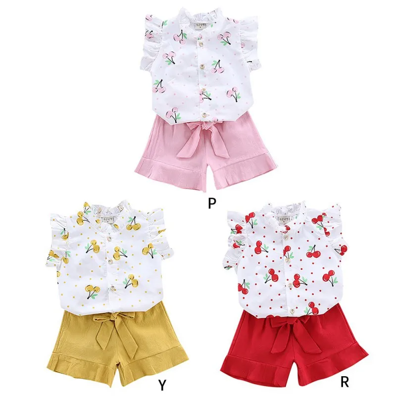 Одежда для маленьких девочек летняя детская одежда из 2 предметов модная футболка с расклешенными рукавами и принтом вишни комплект из топа и шорт