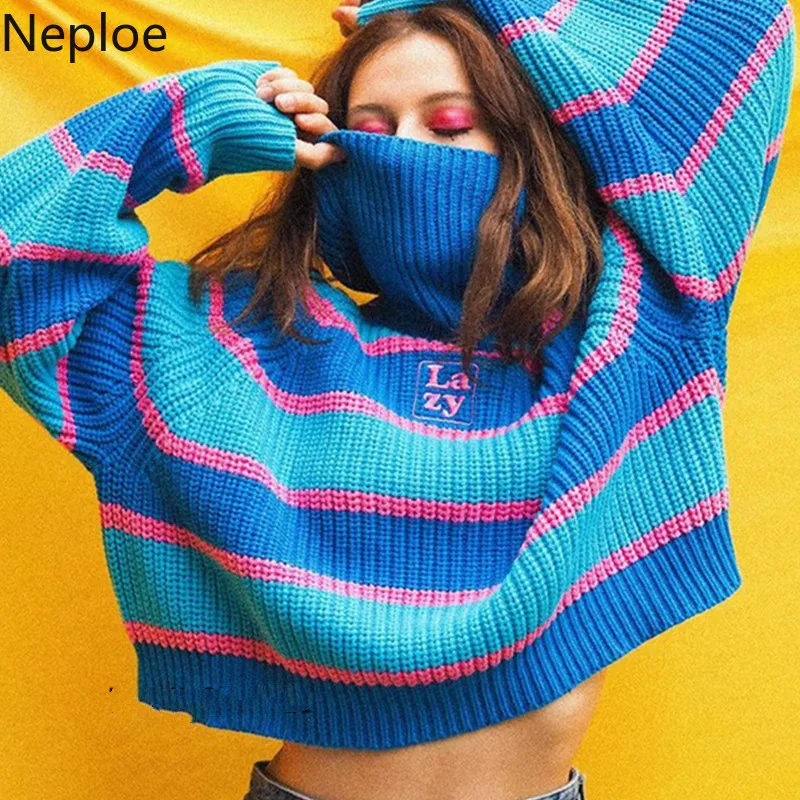

Neploe Womens Colored Striped Jumper Sweater with Embroidered Letter Lazy Turtleneck Oversized Knit Pullovers Pull Femme 54465