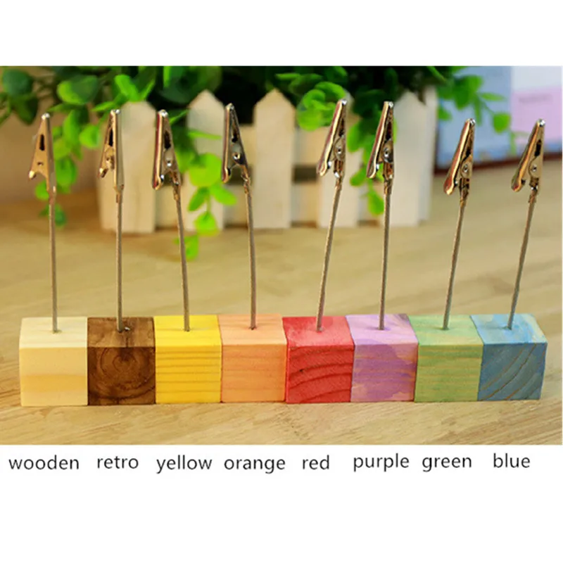 1PC Wooden Clamps Stand Photos Clips Color log Square Message Clip Wrought Iron Note Clip Desktop Ornaments Postcard Clip
