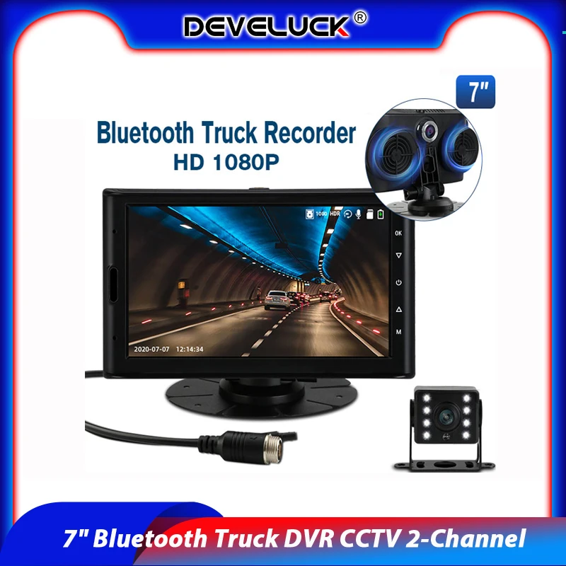 

7" Bluetooth Truck DVR CCTV 2-Channel AHD 1080P Split Screen Monitor Recorder Loop Recording 720P Rear Cam For Bus Support 128G