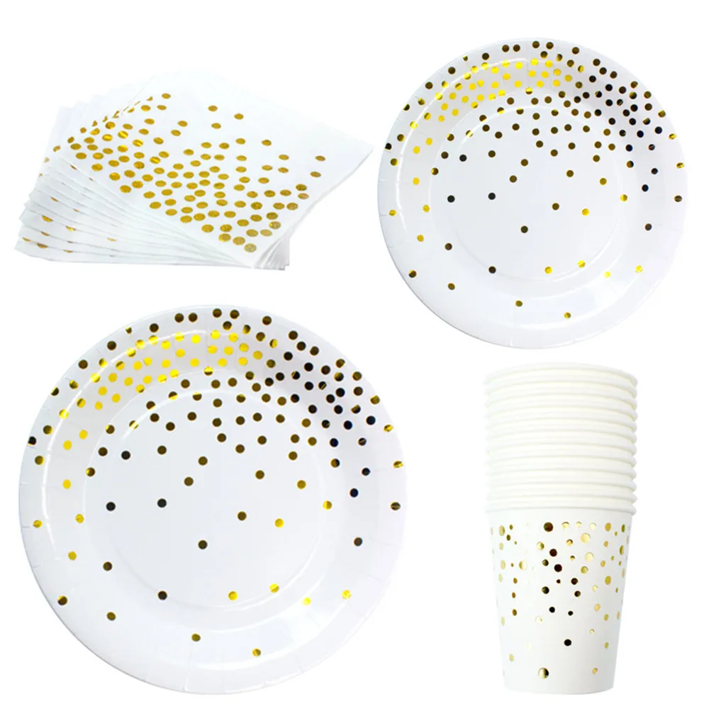 Vajilla desechable con platos con puntos y tazas de oro blanco, vajilla para suministros para fiesta de cumpleaños, boda, Bronzing Dot Party favor