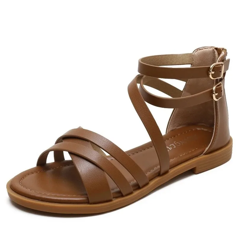 BEYARNE-Chanclas de gladiador para mujer, sandalias cruzadas de playa, zapatos planos informales sin cordones, zapatos marrones y negros de verano - Imagen 3