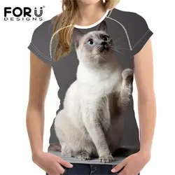 Forudesigns Kawaii сиамская кошка Для женщин Повседневное футболка для Обувь для девочек летние женские рубашка с короткими рукавами 3d Футболки
