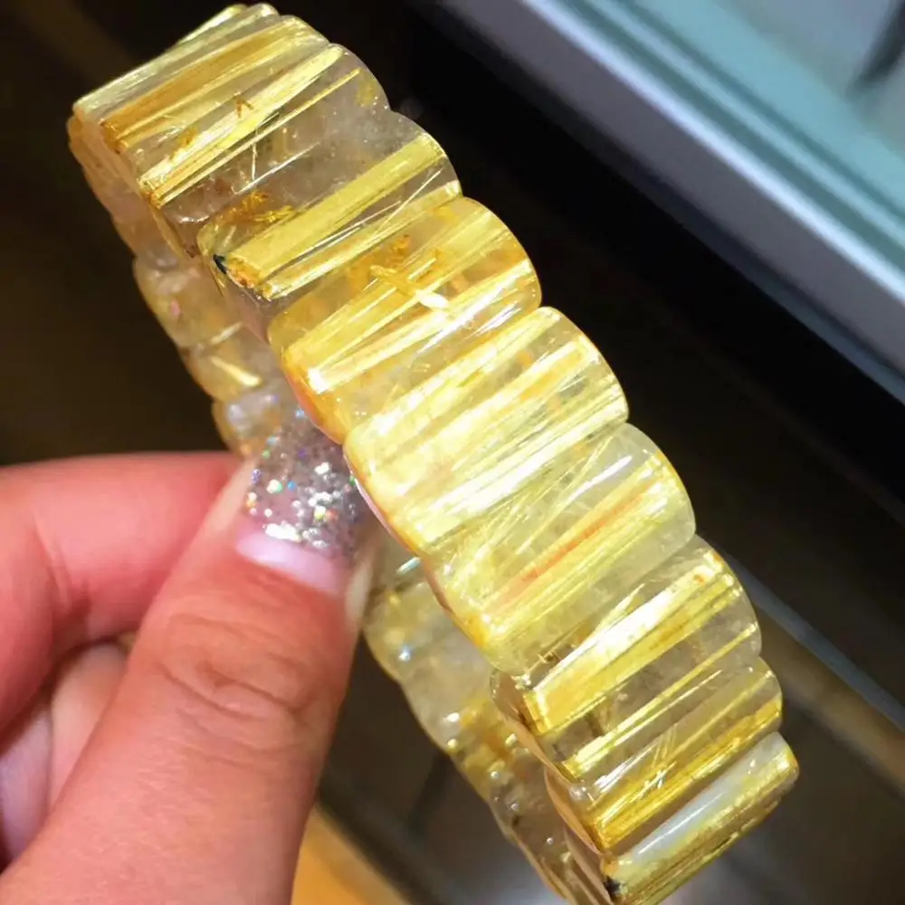 

16x8mm Natural Gold Rutilated Quartz Bangle Bracelet For Women Lady Men Crystal Rectangle Beads Wealthy Gemstone Jewelry AAAAA