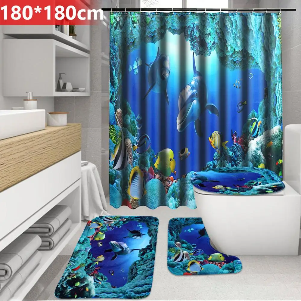 Blue Set 35x70 см Водонепроницаемый моющийся морской животные Дельфин подводный мир принт текстура полиэстер ткань коврик для ванной для дома для ванной для душа - Цвет: Blue Set