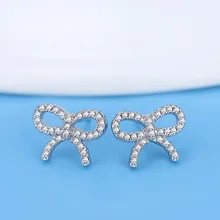 925 пробы серебряные маленькие изысканные серьги-гвоздики для женщин, модные серьги с кристаллами и бантом, серьги-гвоздики для девочек