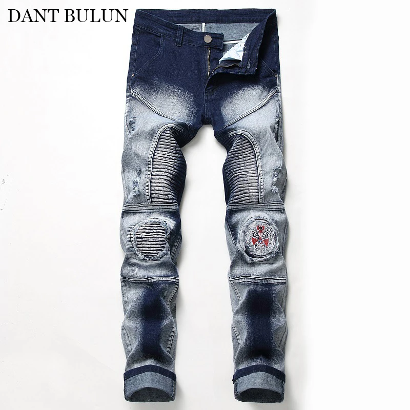 

Moto Jeans Men Pants Pleated Badge Patchwork Ripped Embroidered Stretch Biker Jeans Homme Trouser For Males Hip Hop Fashion