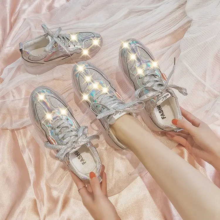 

2019 Athletic Shoes Women's INS Korean-style Ulzzang Spring And Summer Laser Sequin Dad Shoes Transparent Sole Casual Shoes Fash