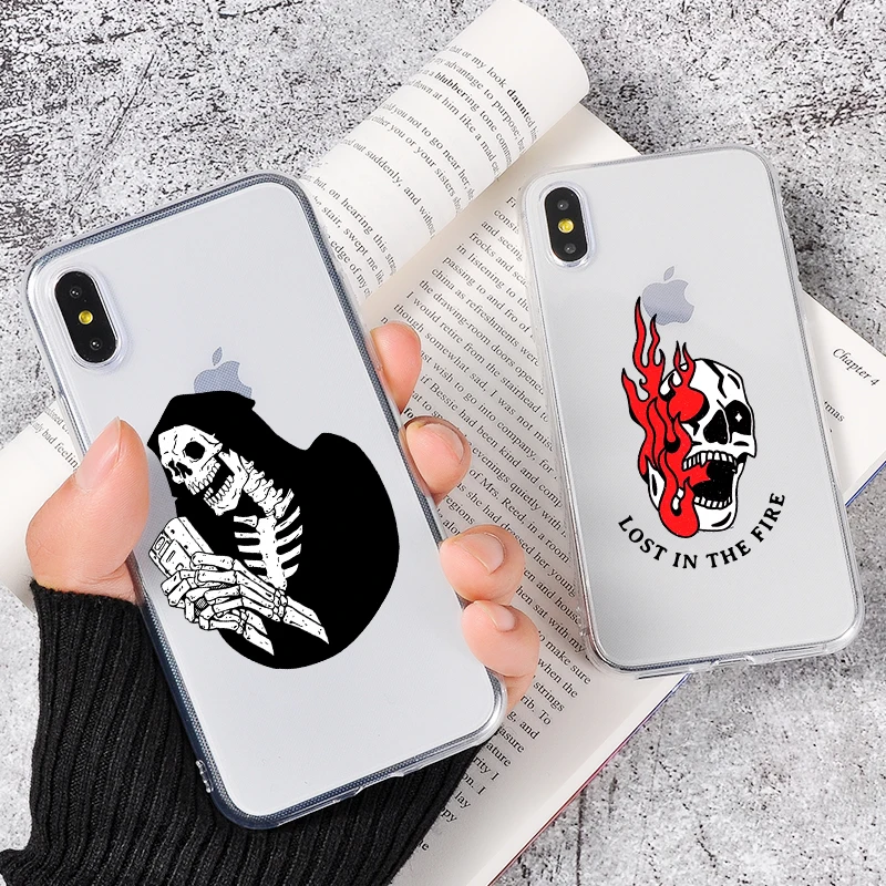 

DIFFRBEAUTY Skull Design Transparent Silicone Phone case For IPhone8 7 6 6S Plus X 10 5 5S SE XS XR XS MAX Silicone Phone case