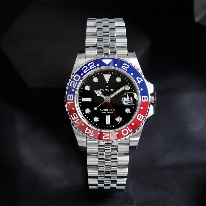Cronos GMT Automatic Men Watch Bidirectional Bezel Sapphire 20 ATM Solid 5 links Metal Bracelet BGW-9 Lum