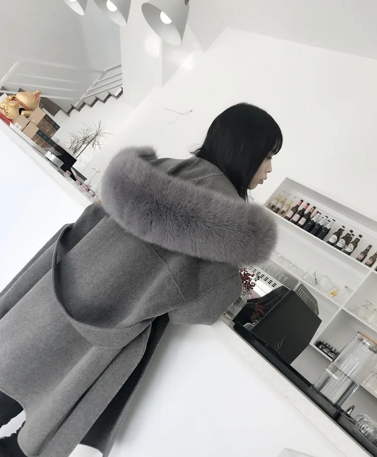 Women Wool Blend Coat fox Fur Collar Hooded jacket fashion new real fur coat long streetwear thick warm parka