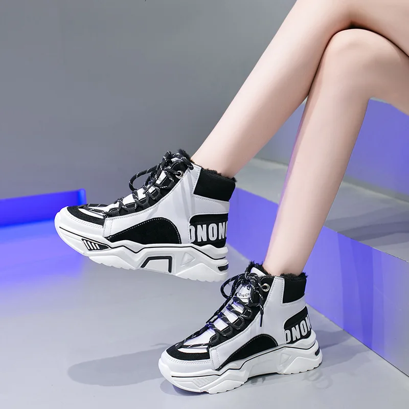 

Platform Sneakers Shoes Leather Woman Spring High Top Female Fashion Casual Chunky Height Increasing Comfortable Ankle Lace-Up