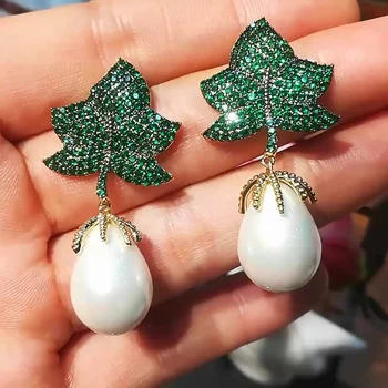 

missvikki Exclusive Trendy Leaf with pearl Dangle Earrings for Women Daily Jewelry High Quality Super Gift for Lover Bridal