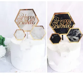 

INS NEW Acrylic Geometric Hexagon Marble Pattern Cake Topper Gold Black Round Happy Birthday Cake Top Flag Decor Kids Birthday