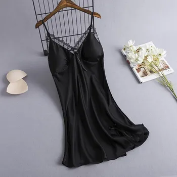 

Women Satin Nightdress Sleepwear Sexy Lace Spaghetti Strap Silky Sleep Dress Female V-neck Nightgown Split Loose Home Dress