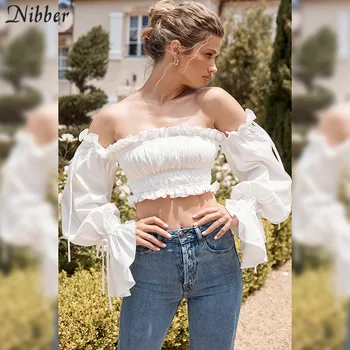 

Nibber gentlewoman elegant off shoulder top tee shirt women high street casual club party wear white tees autumn crop top female