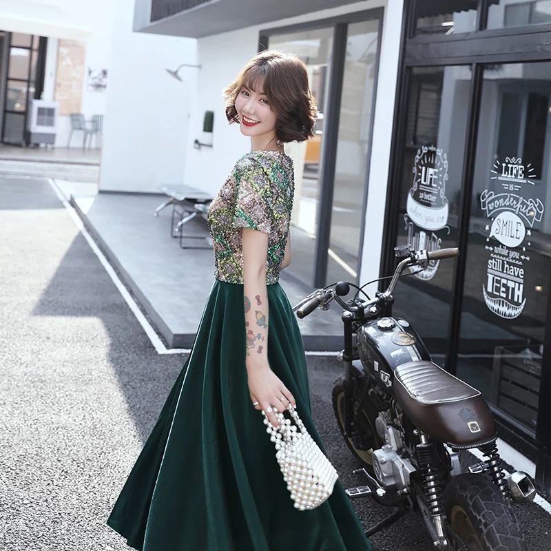 It's Yiiya Prom Dresses Elegant O-neck Sequins Green vestidos de gala Plus Size Zipper Tea Length Dress Women Party Night LF132